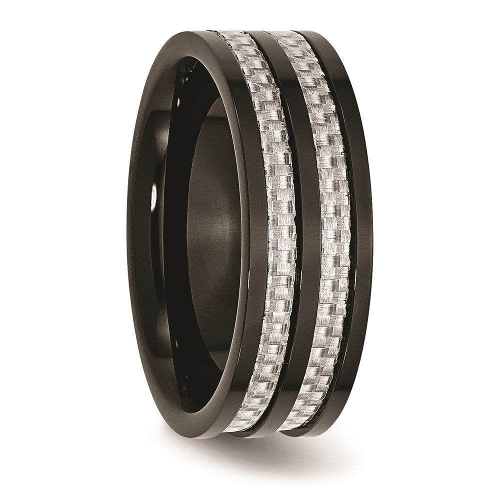 Unisex Fashion Jewelry, Chisel Brand Stainless Steel Polished 8mm Black IP-plated Grey Carbon Fiber Inlay Ring Band