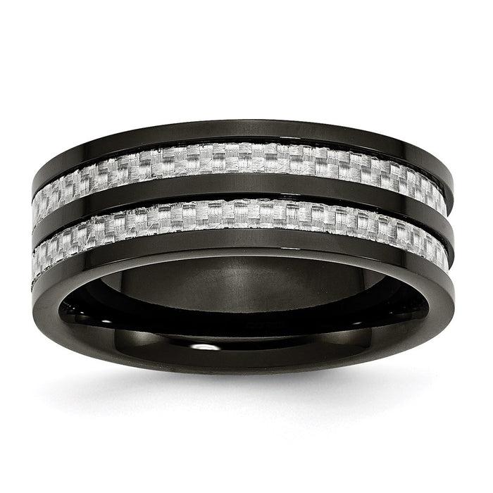 Unisex Fashion Jewelry, Chisel Brand Stainless Steel Polished 8mm Black IP-plated Grey Carbon Fiber Inlay Ring Band