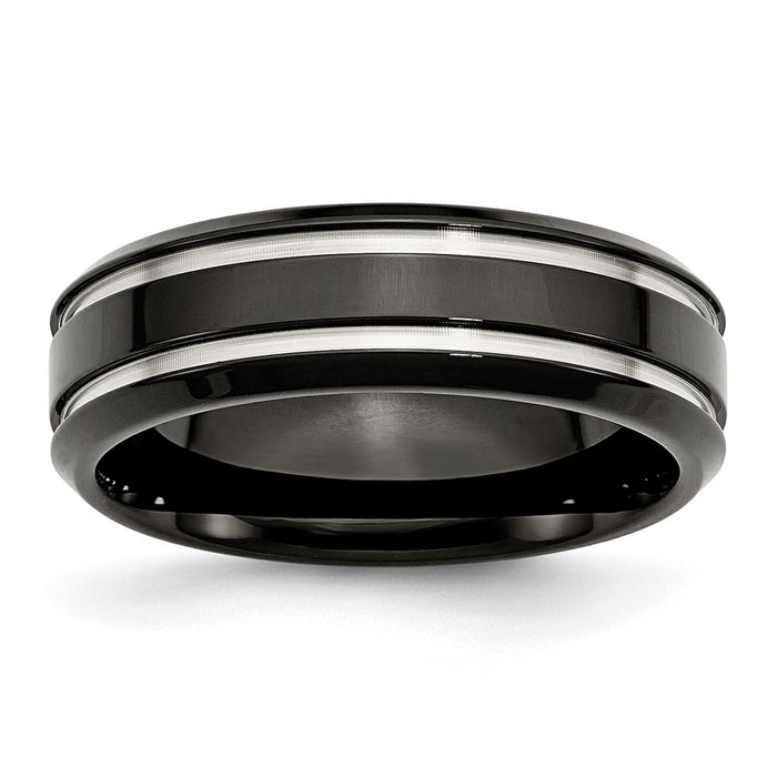 Unisex Fashion Jewelry, Chisel Brand Stainless Steel Black IP-plated Grooved and Polished 7mm Ring Band