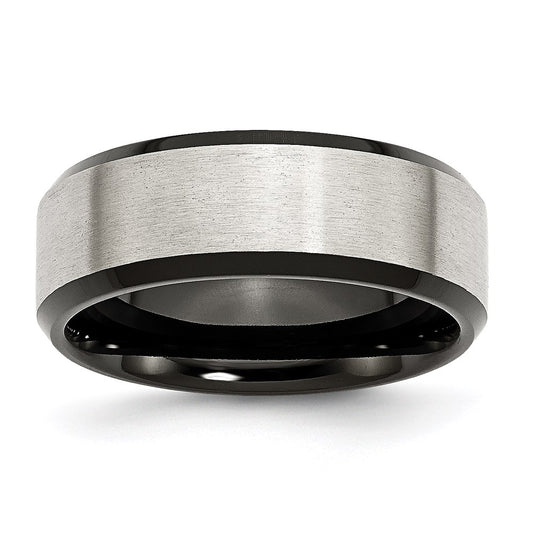 Unisex Fashion Jewelry, Chisel Brand Stainless Steel Beveled Edge Black IP-plated 8mm Brushed Ring Band