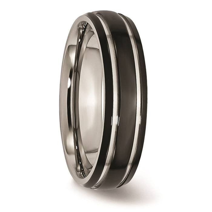 Unisex Fashion Jewelry, Chisel Brand Stainless Steel Grooved & Polished 6mm Black IP-plated Ring Band