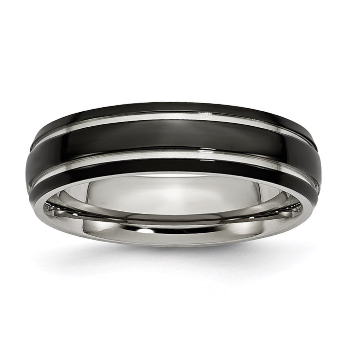 Unisex Fashion Jewelry, Chisel Brand Stainless Steel Grooved & Polished 6mm Black IP-plated Ring Band