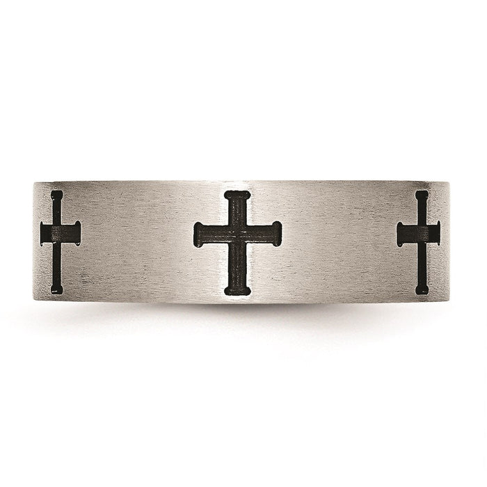 Unisex Fashion Jewelry, Chisel Brand Stainless Steel 7mm Black IP-plated Crosses Brushed/Polished Ring Band