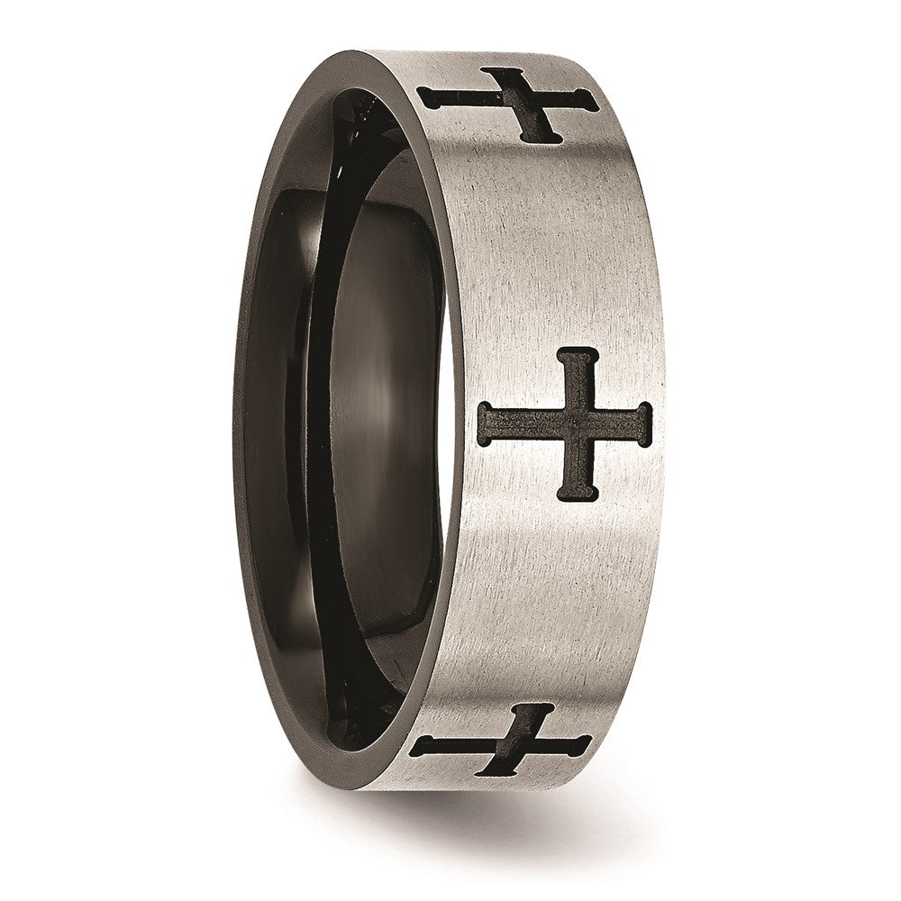 Unisex Fashion Jewelry, Chisel Brand Stainless Steel 7mm Black IP-plated Crosses Brushed/Polished Ring Band