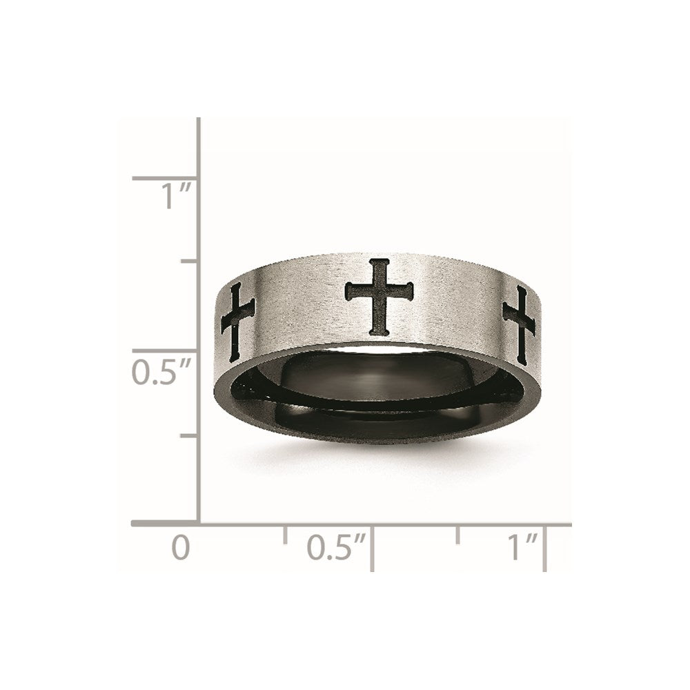 Unisex Fashion Jewelry, Chisel Brand Stainless Steel 7mm Black IP-plated Crosses Brushed/Polished Ring Band