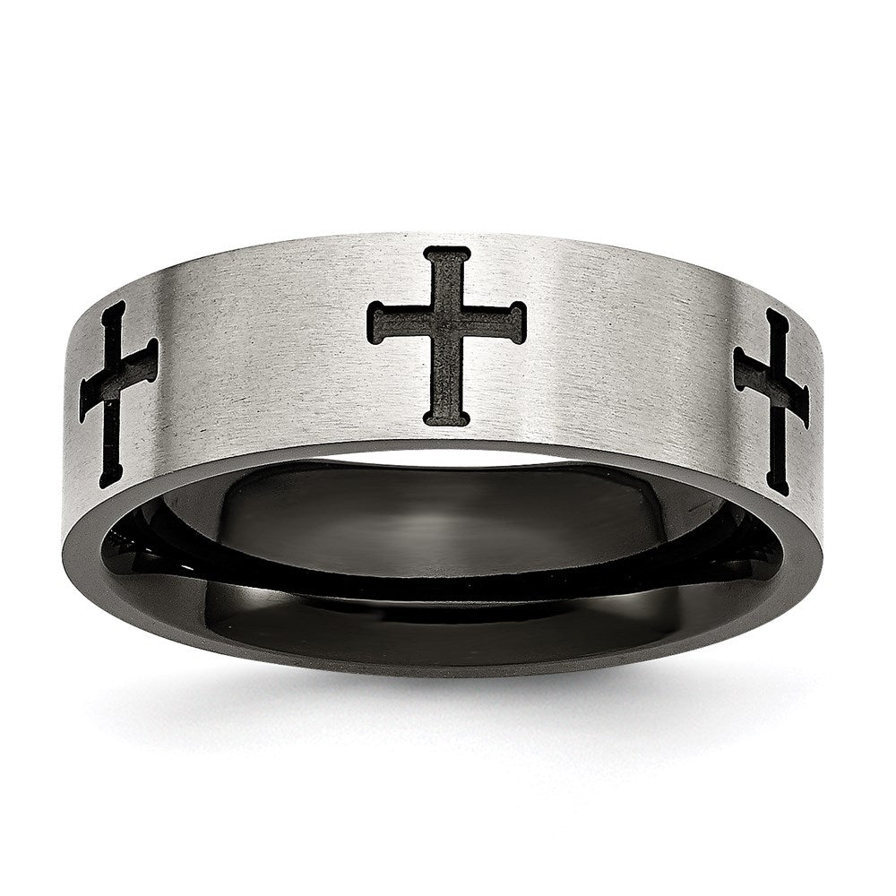 Unisex Fashion Jewelry, Chisel Brand Stainless Steel 7mm Black IP-plated Crosses Brushed/Polished Ring Band