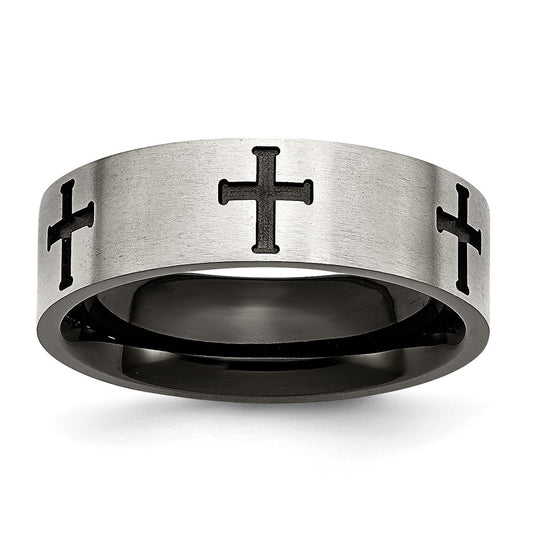 Unisex Fashion Jewelry, Chisel Brand Stainless Steel 7mm Black IP-plated Crosses Brushed/Polished Ring Band