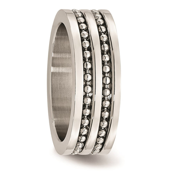 Unisex Fashion Jewelry, Chisel Brand Stainless Steel 8mm Double Row Beaded Polished Ring Band