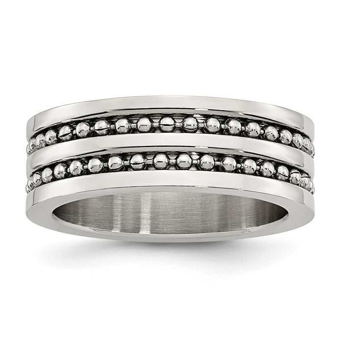 Unisex Fashion Jewelry, Chisel Brand Stainless Steel 8mm Double Row Beaded Polished Ring Band