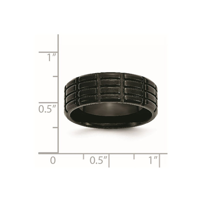 Unisex Fashion Jewelry, Chisel Brand Stainless Steel 8mm Black IP-plated Grooved & Brushed Ring Band