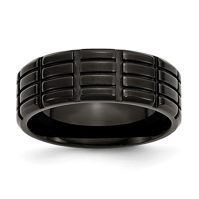 Unisex Fashion Jewelry, Chisel Brand Stainless Steel 8mm Black IP-plated Grooved & Brushed Ring Band