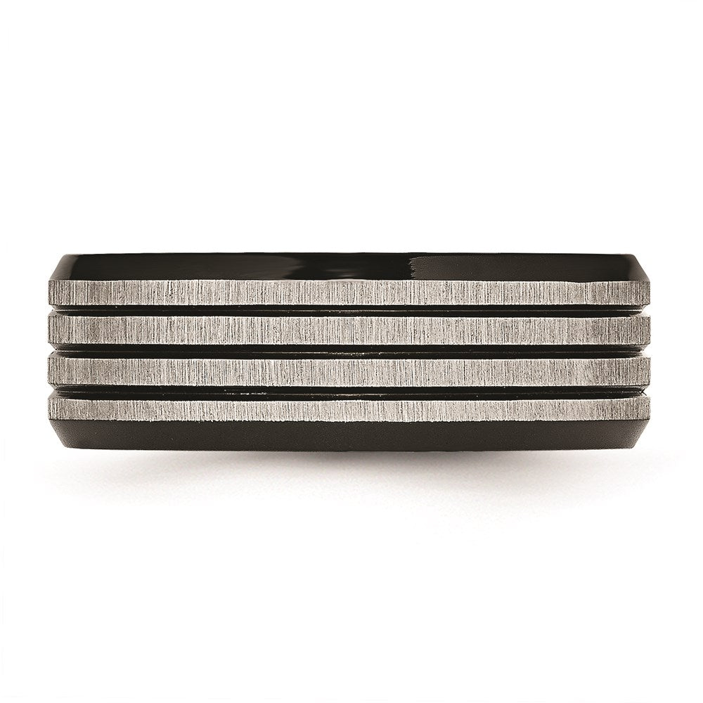 Unisex Fashion Jewelry, Chisel Brand Stainless Steel Striped 8mm Black IP-plated Brushed/Polished Ring Band