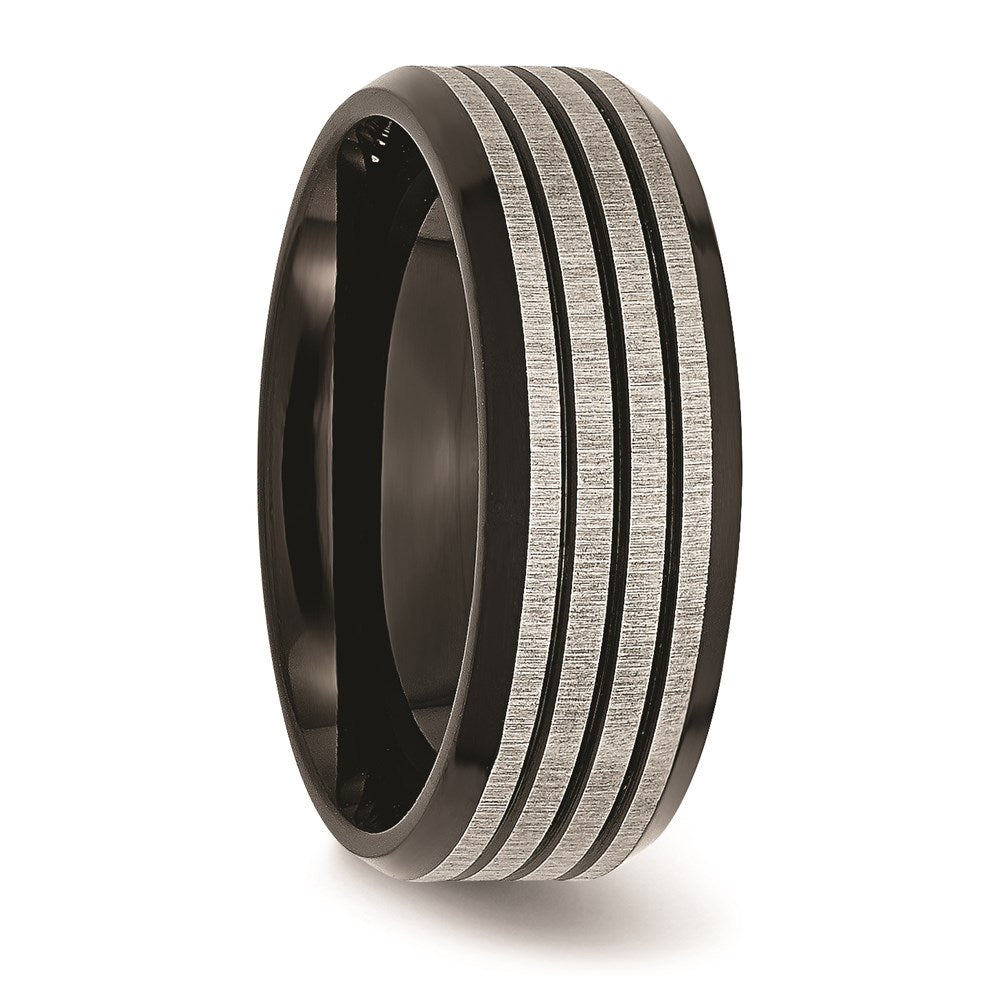 Unisex Fashion Jewelry, Chisel Brand Stainless Steel Striped 8mm Black IP-plated Brushed/Polished Ring Band