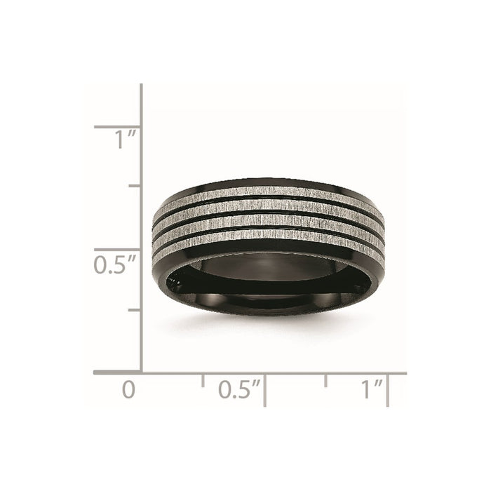 Unisex Fashion Jewelry, Chisel Brand Stainless Steel Striped 8mm Black IP-plated Brushed/Polished Ring Band