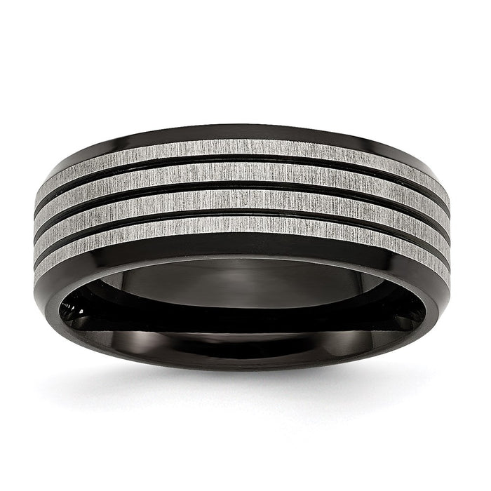 Unisex Fashion Jewelry, Chisel Brand Stainless Steel Striped 8mm Black IP-plated Brushed/Polished Ring Band