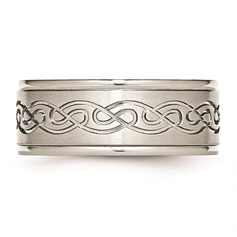 Unisex Fashion Jewelry, Chisel Brand Stainless Steel Scroll Design 9mm Brushed/Polished Ridged Edge Ring Band