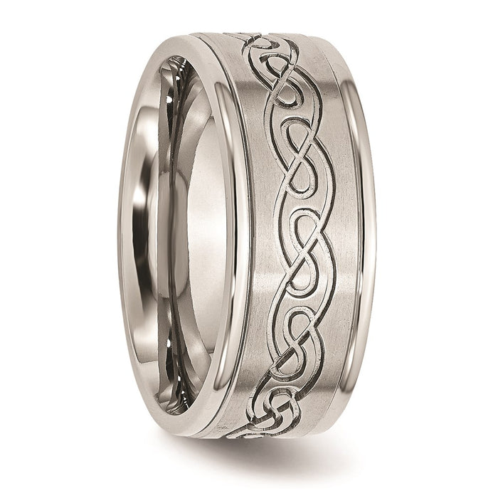 Unisex Fashion Jewelry, Chisel Brand Stainless Steel Scroll Design 9mm Brushed/Polished Ridged Edge Ring Band