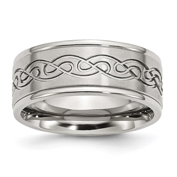 Unisex Fashion Jewelry, Chisel Brand Stainless Steel Scroll Design 9mm Brushed/Polished Ridged Edge Ring Band