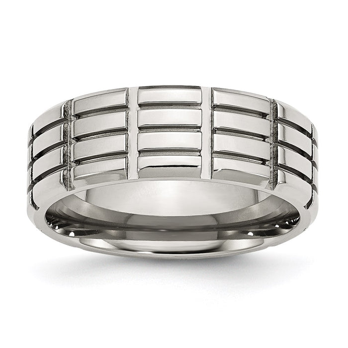Unisex Fashion Jewelry, Chisel Brand Stainless Steel 8mm Grooved Polished Ring Band