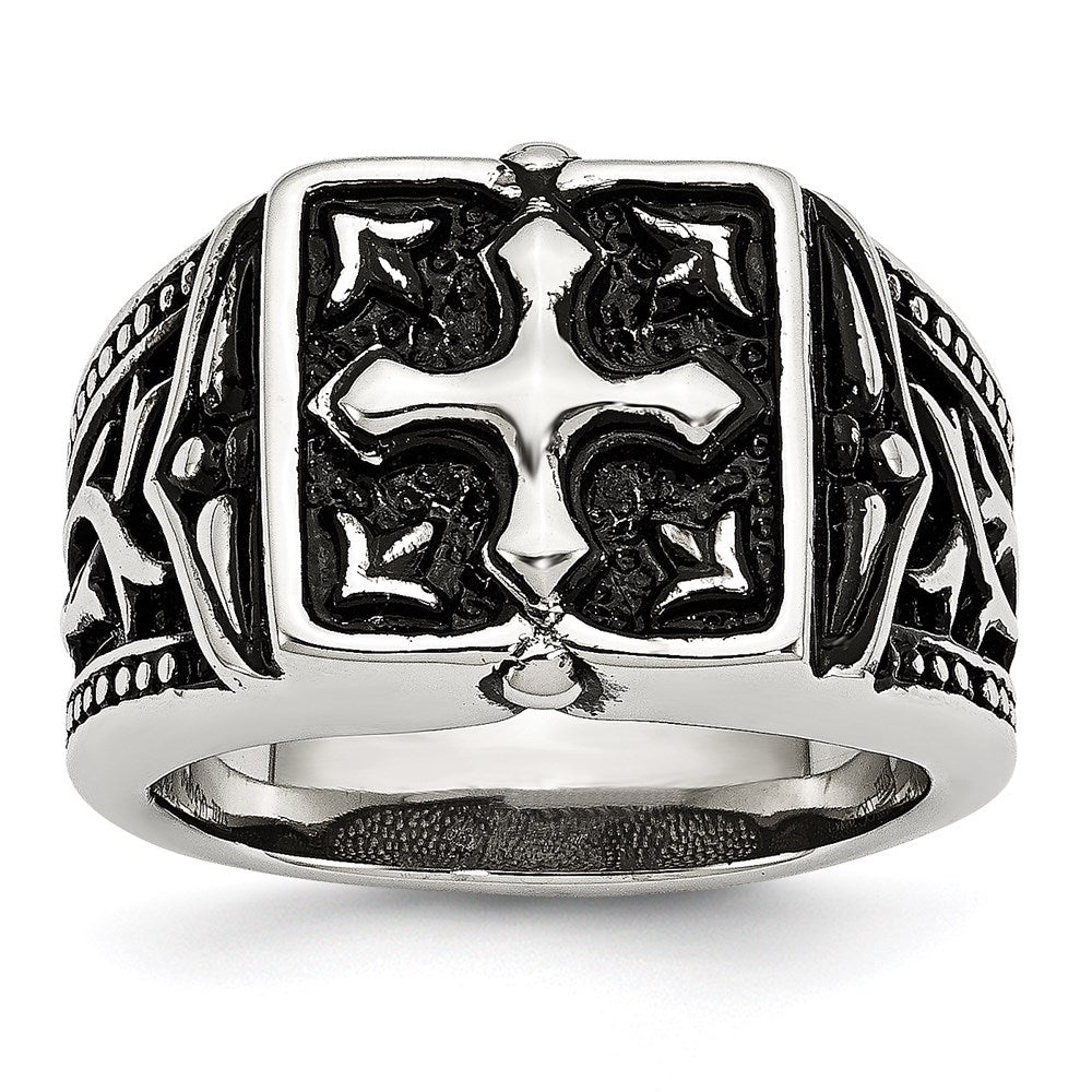 Men's Fashion Jewelry, Chisel Brand Stainless Steel Antiqued Cross Ring