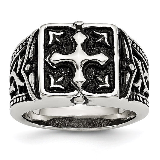 Men's Fashion Jewelry, Chisel Brand Stainless Steel Antiqued Cross Ring