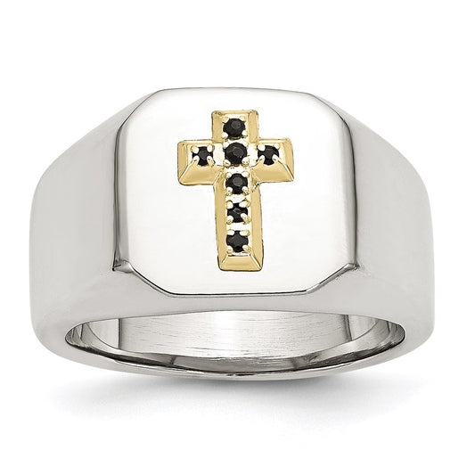 Men's Fashion Jewelry, Chisel Brand Stainless Steel 14k w/ Sapphire Cross Ring