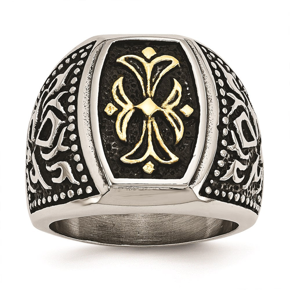 Men's Fashion Jewelry, Chisel Brand Stainless Steel Antiqued & Yellow IP-plated Cross Ring