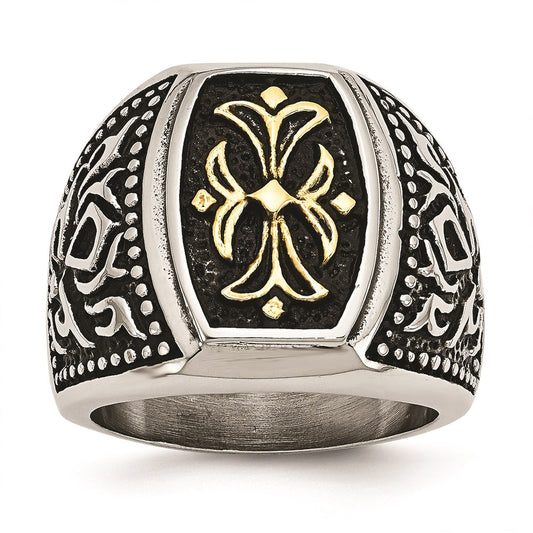 Men's Fashion Jewelry, Chisel Brand Stainless Steel Antiqued & Yellow IP-plated Cross Ring