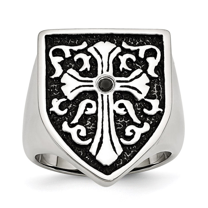 Men's Fashion Jewelry, Chisel Brand Stainless Steel Cross w/Black Diamond Antiqued Shield Ring