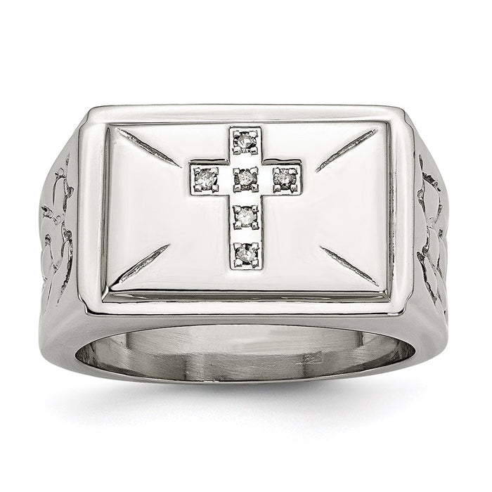 Men's Fashion Jewelry, Chisel Brand Stainless Steel Diamond Cross w/Textured Sides Ring
