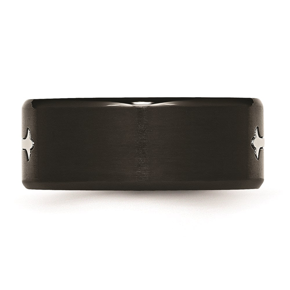 Unisex Fashion Jewelry, Chisel Brand Stainless Steel Brushed Black IP-plated with Cross 9mm Ring Band