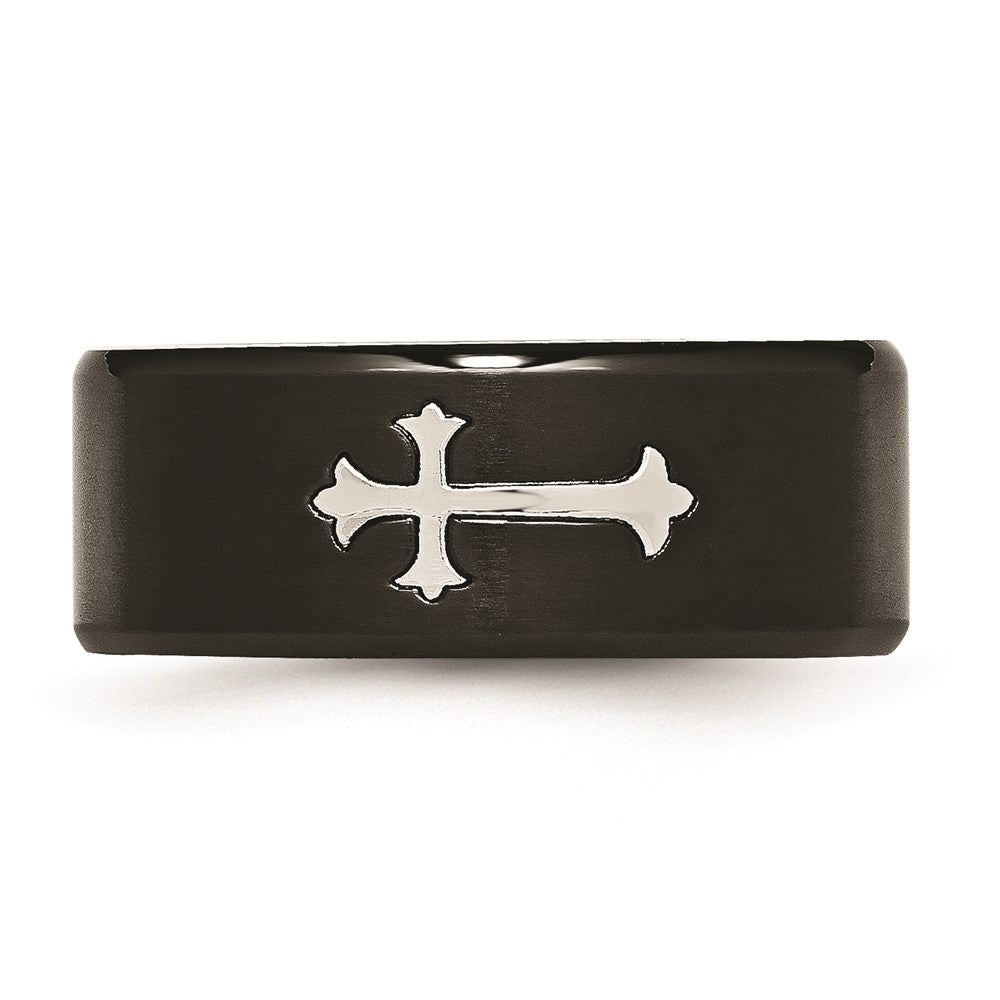 Unisex Fashion Jewelry, Chisel Brand Stainless Steel Brushed Black IP-plated with Cross 9mm Ring Band