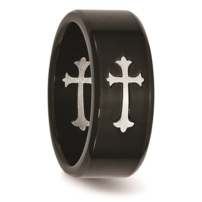 Unisex Fashion Jewelry, Chisel Brand Stainless Steel Brushed Black IP-plated with Cross 9mm Ring Band