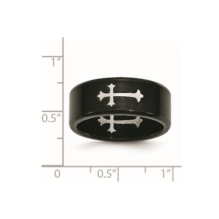 Unisex Fashion Jewelry, Chisel Brand Stainless Steel Brushed Black IP-plated with Cross 9mm Ring Band
