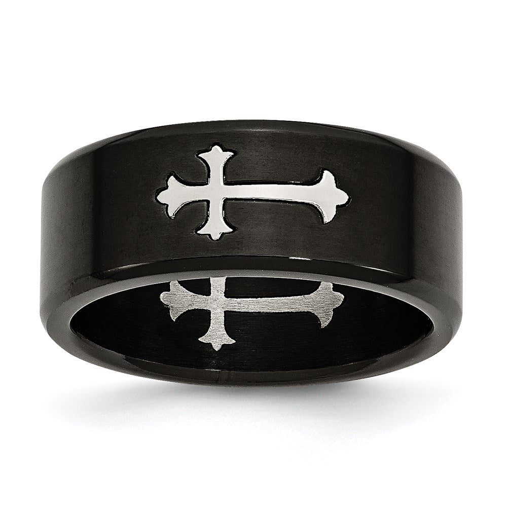 Unisex Fashion Jewelry, Chisel Brand Stainless Steel Brushed Black IP-plated with Cross 9mm Ring Band