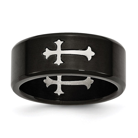 Unisex Fashion Jewelry, Chisel Brand Stainless Steel Brushed Black IP-plated with Cross 9mm Ring Band