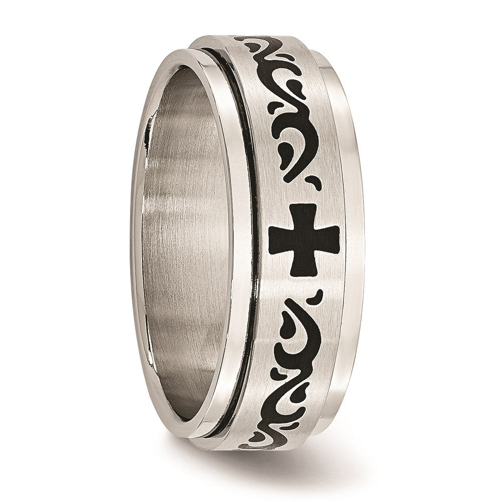 Unisex Fashion Jewelry, Chisel Brand Stainless Steel Enamel Swirl Design 8mm Brushed/Polished Ring Band