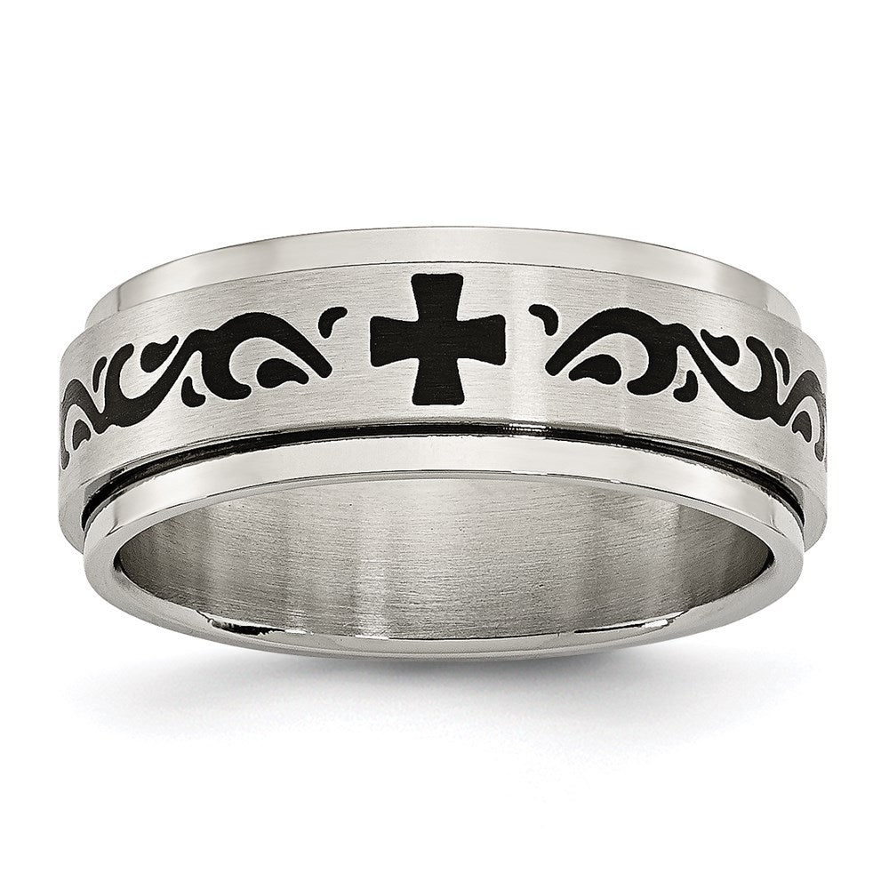 Unisex Fashion Jewelry, Chisel Brand Stainless Steel Enamel Swirl Design 8mm Brushed/Polished Ring Band