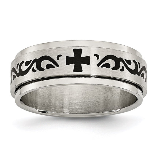 Unisex Fashion Jewelry, Chisel Brand Stainless Steel Enamel Swirl Design 8mm Brushed/Polished Ring Band