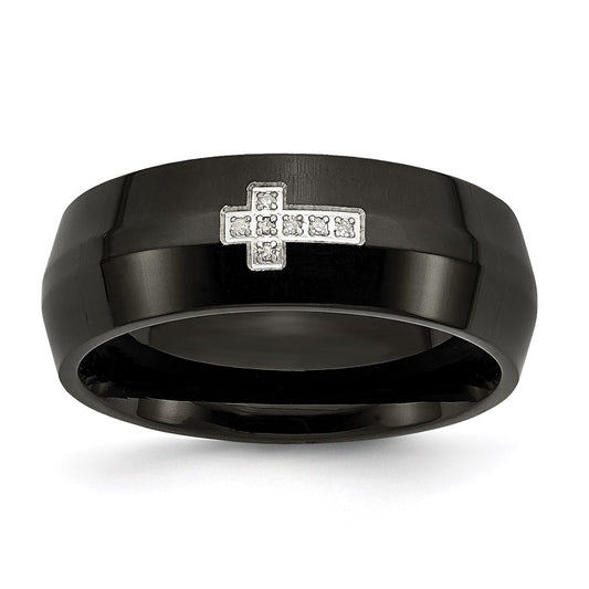 Unisex Fashion Jewelry, Chisel Brand Stainless Steel Black IP-plated w/Diamond Cross Ring