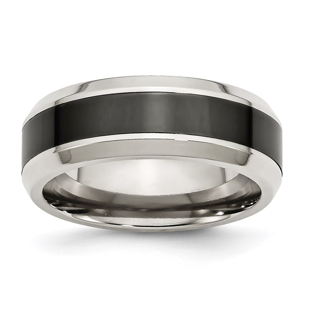Unisex Fashion Jewelry, Chisel Brand Stainless Steel Base w/Polished Black Ceramic Center Beveled Ring Band
