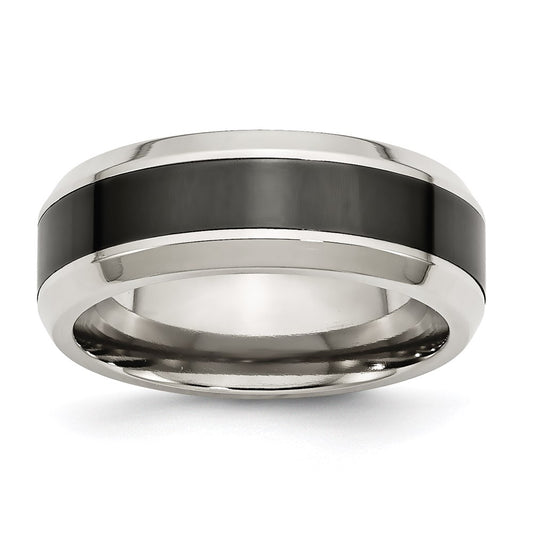 Unisex Fashion Jewelry, Chisel Brand Stainless Steel Base w/Polished Black Ceramic Center Beveled Ring Band