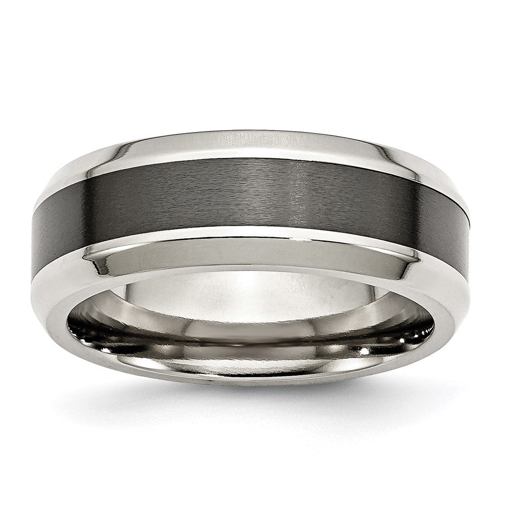 Unisex Fashion Jewelry, Chisel Brand Stainless Steel Base w/Brushed Black Ceramic Center Beveled Ring Band