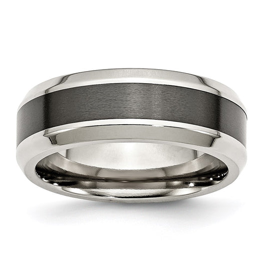 Unisex Fashion Jewelry, Chisel Brand Stainless Steel Base w/Brushed Black Ceramic Center Beveled Ring Band