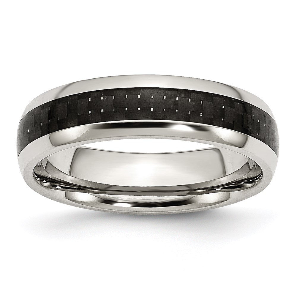 Unisex Fashion Jewelry, Chisel Brand Stainless Steel Polished w/ Black Carbon Fiber Inlay 6mm Ring Band