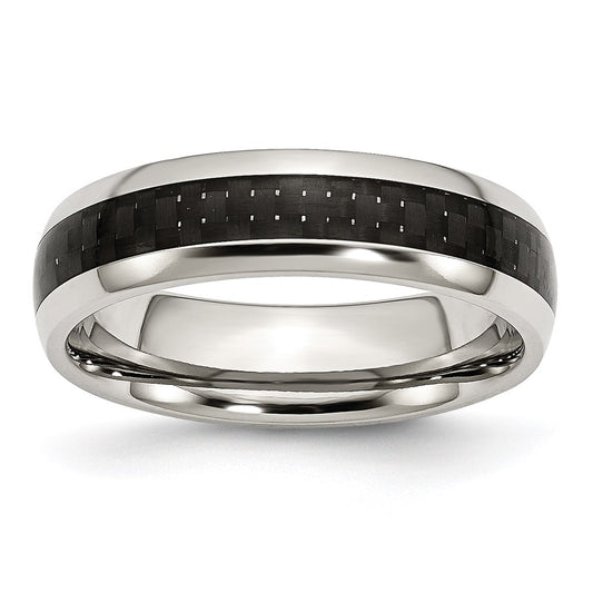 Unisex Fashion Jewelry, Chisel Brand Stainless Steel Polished w/ Black Carbon Fiber Inlay 6mm Ring Band