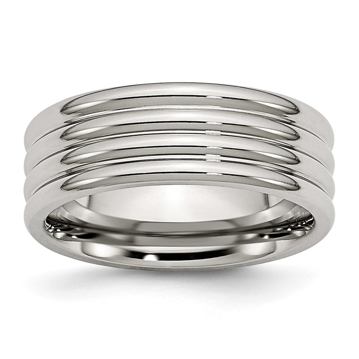 Unisex Fashion Jewelry, Chisel Brand Stainless Steel Grooved 8mm Polished Ring Band