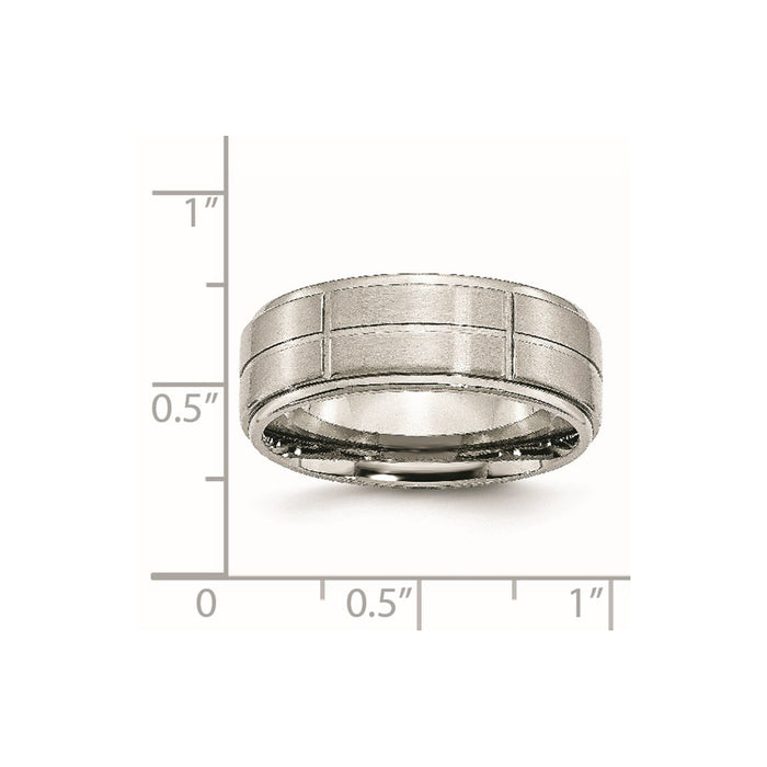 Unisex Fashion Jewelry, Chisel Brand Stainless Steel Grooved 8mm Brushed/Polished Ridged Edge Ring Band