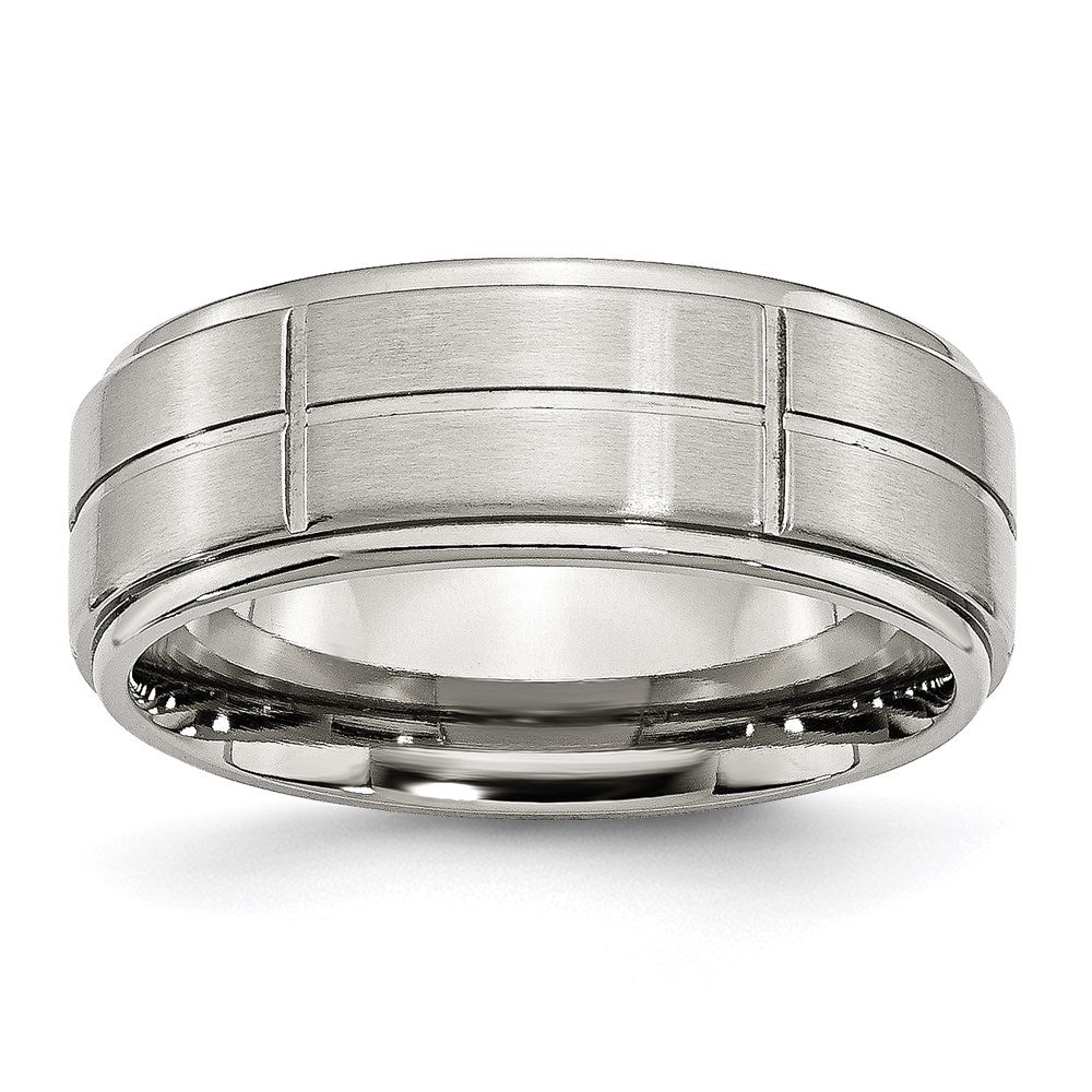 Unisex Fashion Jewelry, Chisel Brand Stainless Steel Grooved 8mm Brushed/Polished Ridged Edge Ring Band