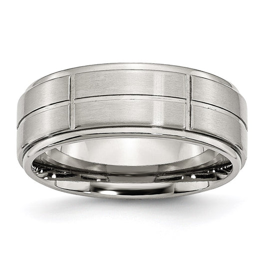 Unisex Fashion Jewelry, Chisel Brand Stainless Steel Grooved 8mm Brushed/Polished Ridged Edge Ring Band